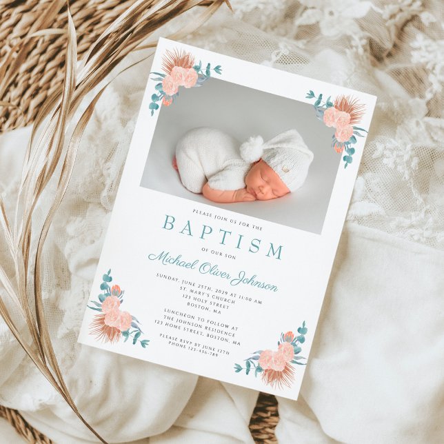 Bloral Elegant Boy Foto Taufe Einladung (Floral Elegant Boy Photo Baptism Invitation)