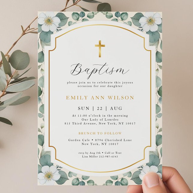 Bloral Eukalyptus Gold Cross Taufen Einladung (Baptism Invitation)