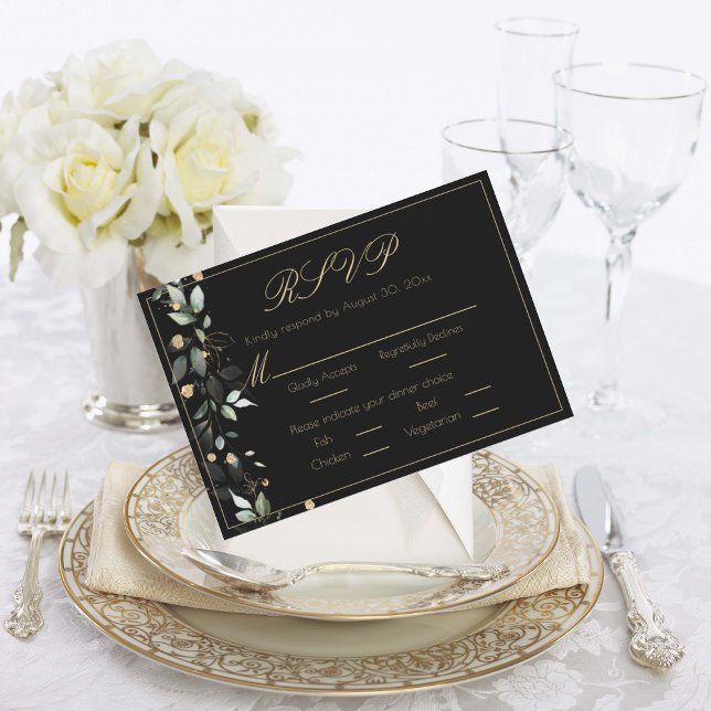 Bloral Eukalyptus Greenery Gold Black Wedding RSVP Karte (Von Creator hochgeladen)