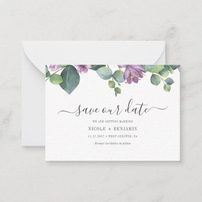 Bloral Eukalyptus Script Greenery Save the Date Mitteilungskarte (Vorderseite)
