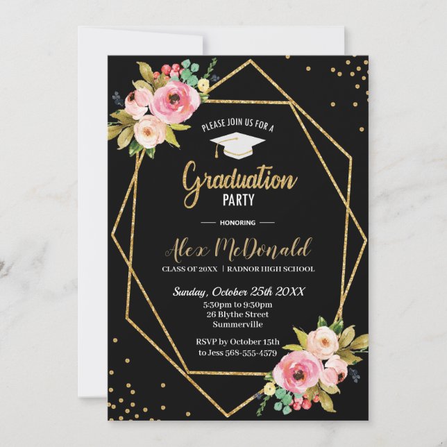 Bloral Geometric Black and Gold Graduation Party Einladung (Vorderseite)
