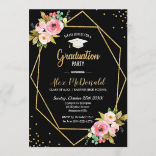 Bloral Geometric Black and Gold Graduation Party Einladung