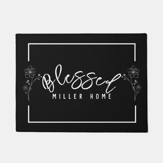 Bloral gesegnete Zuhause-Familienname Schwarz-weiß Fußmatte (Vorderseite)