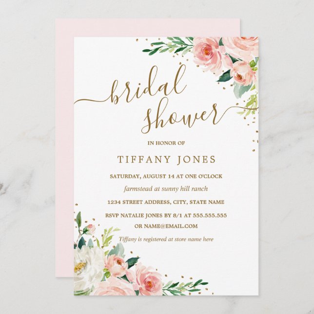 Bloral Gold Blush Brautparty Einladung (Vorne/Hinten)