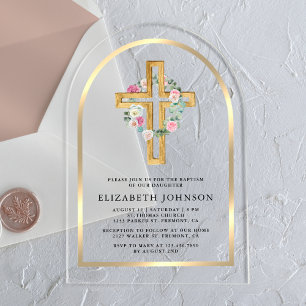Bloral Gold Eukalyptus Wood Cross Arch Taufe Acryleinladungen