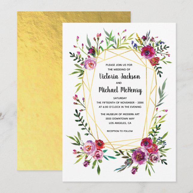 Bloral Gold Geometric Crystal Wedding Einladung (Vorne/Hinten)