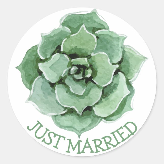 Bloral Just Married Green succulent Cactus Wedding Runder Aufkleber (Vorderseite)