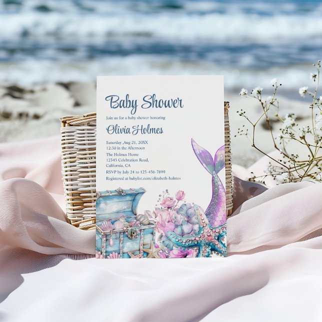 Bloral Mermaid Schwanz Starfish Babydusche Einladung (Floral Mermaid Tail Starfish Baby Shower Invitation on a sunny beach.)