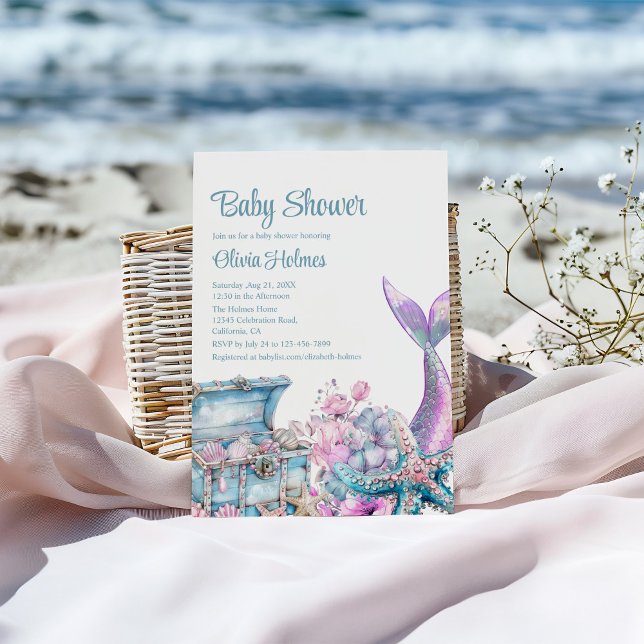 Bloral Mermaid Schwanz Starfish Babydusche Einladung (Floral Mermaid Tail Starfish Baby Shower Invitation on a sunny beach.)