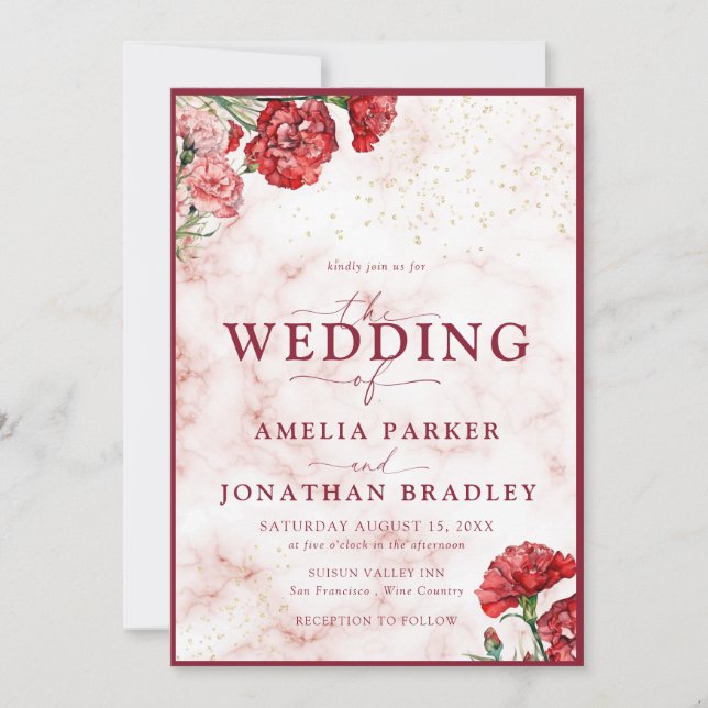 Bloral Red Marble Script Overlay Wedding Invitati Einladung (Vorderseite)
