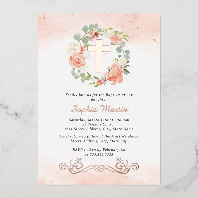 Bloral Shiny Gold Cross Peach Wreath Girl Taufe Folieneinladung (Vorderseite)