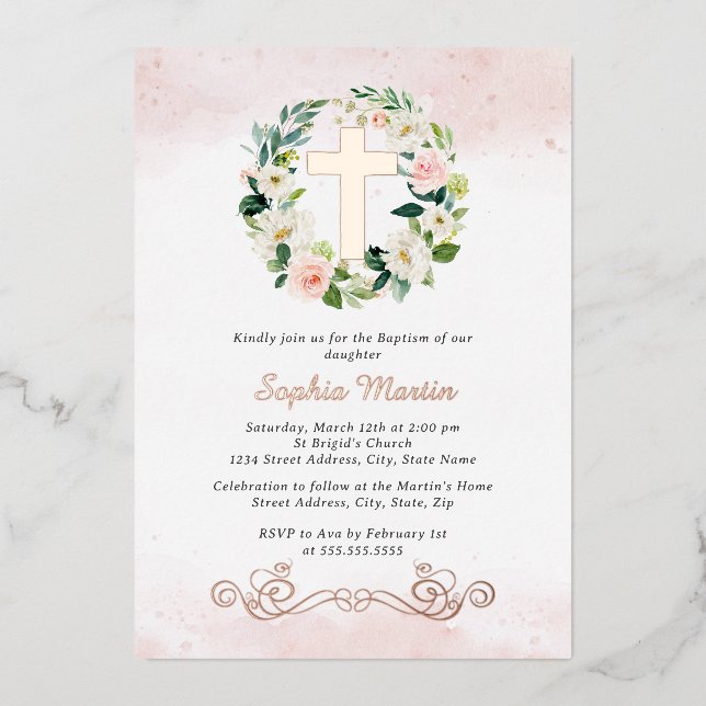 Bloral Shiny Gold Cross Wreath Girl Taufe Folieneinladung (Vorderseite)