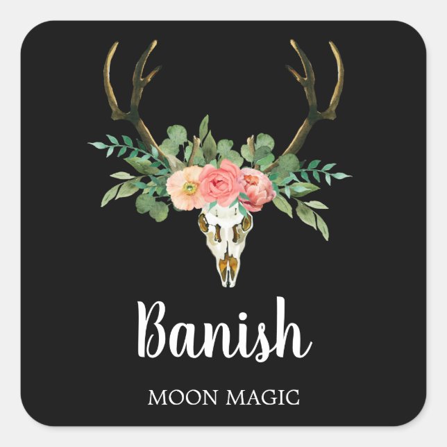 Bloral Skull Intention Candle Labels Quadratischer Aufkleber (Vorderseite)