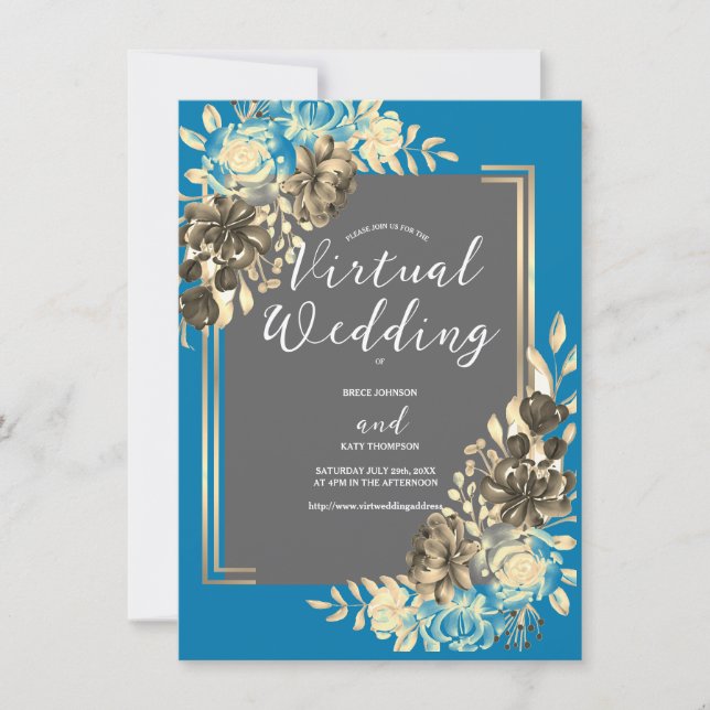 Bloral Türkise Gray Virtual Wedding Einladung (Vorderseite)