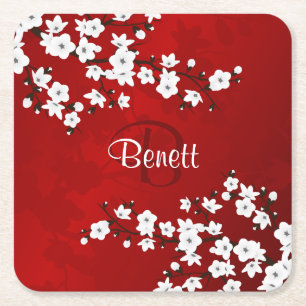 Bloral White Cherry Blossom Red Add Name Monogram Rechteckiger Pappuntersetzer