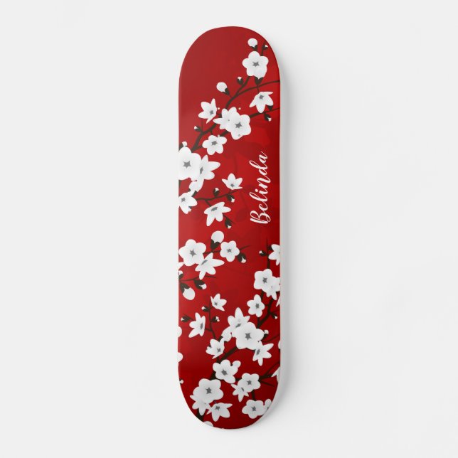 Blorrotes Weißes Kirschblossom Monogramm Skateboard (Vorderseite)