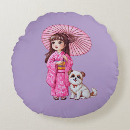 Blossom Companies: Kimono Girl & Puppy Round Pill Rundes Kissen