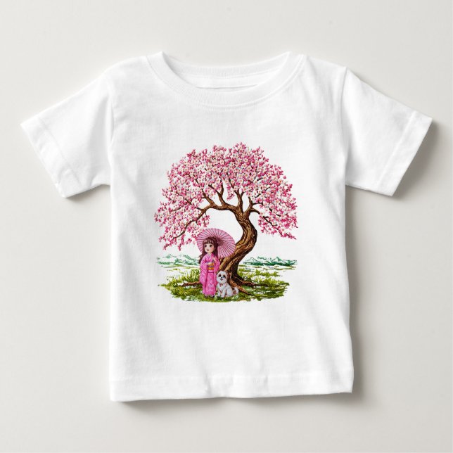 Blossom Dreams: Kimono Girl & Puppy Baby T-shirt (Vorderseite)