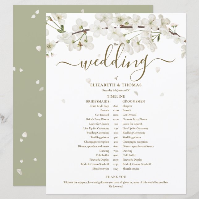 Blossom Floral Schrift Hochzeitsplan Zeitachse (Vorne/Hinten)