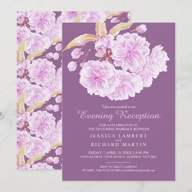 Blossom Frühjahrs dunkler lila Abend Empfang Einladung (Vorne/Hinten)