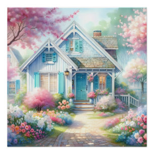 Blossom Lane Blue Cottage Garten Poster