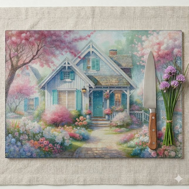 Blossom Lane Blue Cottage Garten Schneidebrett (Blossom Lane Blue Cottage Garden Cutting Board On Linen Cloth)