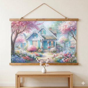 Blossom Lane Blue Cottage Garten Wandteppich Mit Holzrahmen