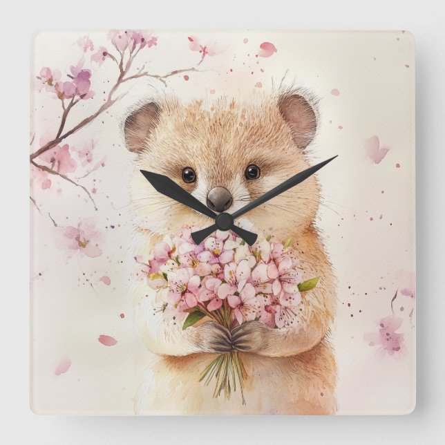 Blossom Quokka Wall Clock Quadratische Wanduhr (Vorderseite)