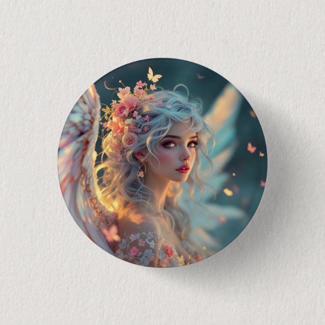 Blossom Seraph - Engel der Frühlingsgraue Button (Vorderseite)