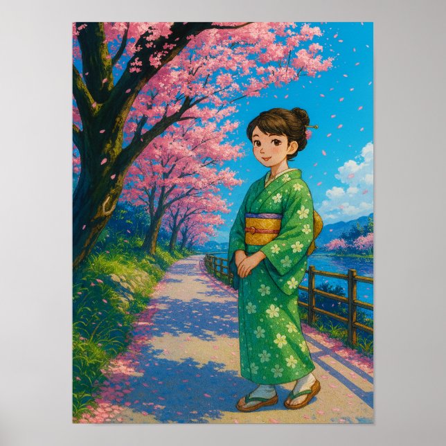 Blossom Weg im Frühling - Japanische Kunst-Kimono Poster (Vorne)