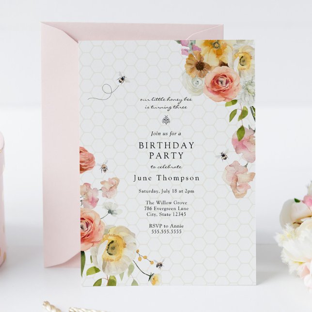 Blossoms and Honey Bee Birthday Girl Invitation Einladung (Von Creator hochgeladen)