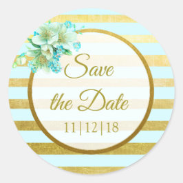 Blu- und Goldflorale-Save the Date-Stickers Runder Aufkleber