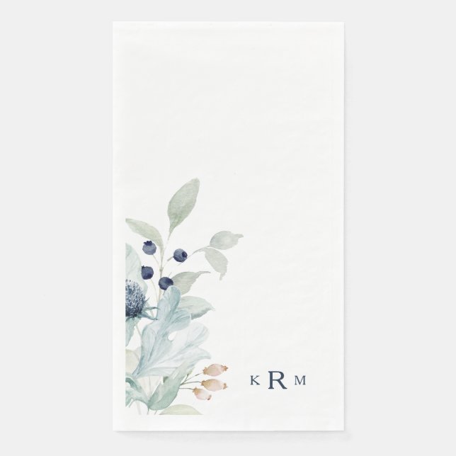 Blu Watercolor Foliage Monogram Guest Handtücher Serviette (Vorderseite)