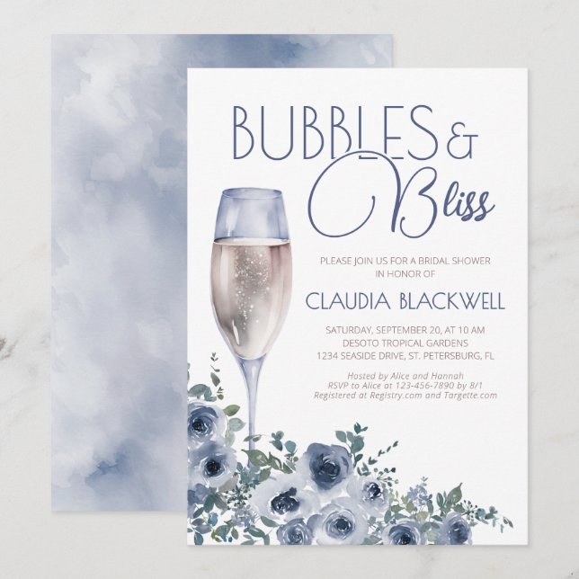 Blubbles Bliss Champagne Blue Brautparty Einladung (Vorne/Hinten)