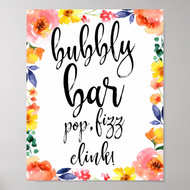 Blubbly Bar Floral Watercolor 8x10 Wedding Sign Poster (Vorne)