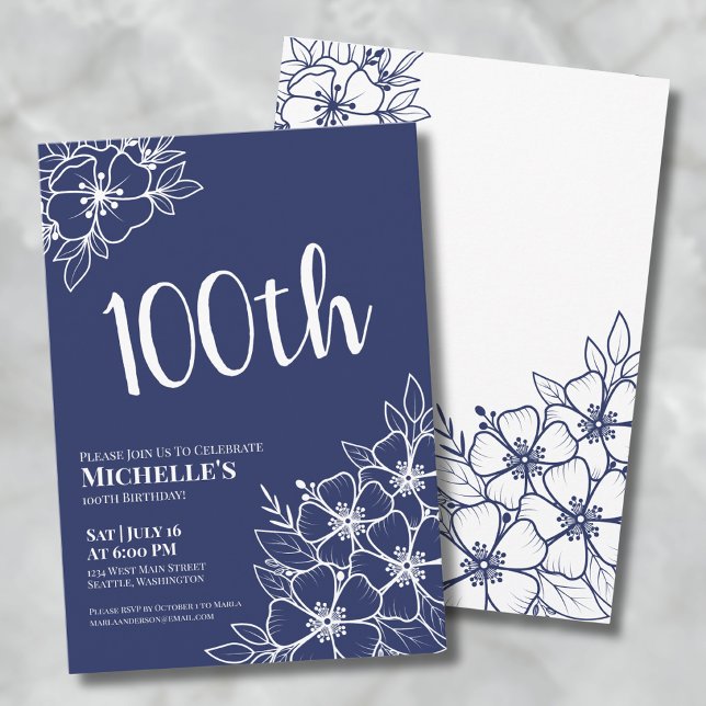 Blue 100. Geburtstagsparty Einladung (Navy Blue 100th Birthday Party Invitation)