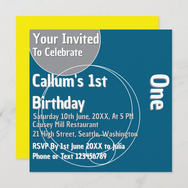 Blue 1. Geburtstag Einladung (Vorne/Hinten)