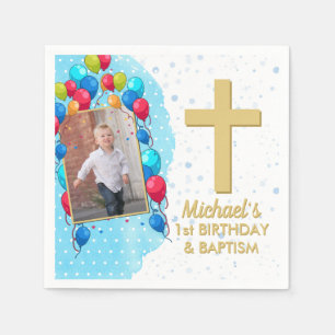 Blue 1. Geburtstag Taufe Gold Text Foto Cross Serviette