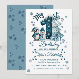 Blue 1st Birthday Christmas Einladung