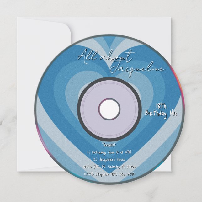 Blue 2000s Aura Hearts Music CD Birthday Einladung (Vorderseite)