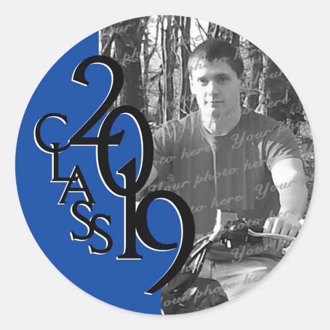 Blue 2019 Abschluss Class mit Foto Runder Aufkleber (Vorderseite)