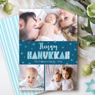 Blue 3 Foto Happy Hanukkah Modern Fun Typografy Feiertagskarte