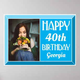 Blue 40 th Beveled Art Deco Geburtstags-Foto Poster