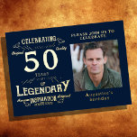 Blue 50. Geburtstag Vintag Gold Folieneinladung<br><div class="desc">Machen Sie Ihren Lieben den Meilenstein des 50. Geburtstags mit dieser wunderschönen Blue 50. Geburtstag Vintag Gold Foil Einladung besonders. Das reizvolle Vintage Design besticht durch ein wertvolles Foto Ihres Ehrengast, umgeben von einem schicken blauen Finish. Mit dem eleganten Goldfolie-Schriftart wird diese Einladung bei Familie und Freunden einen bleibenden Eindruck...</div>