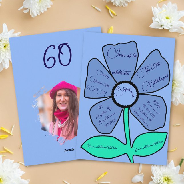 Blue 60. Geburtstag Simple Doodle Blume Einladung (Von Creator hochgeladen)