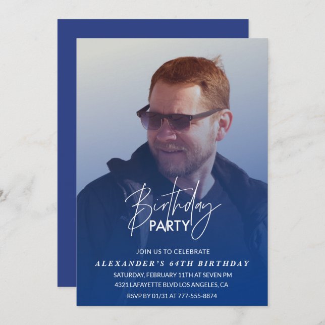 Blue 64. Geburtstagseinladung Geburtstagsparty Fot Einladung (Vorne/Hinten)