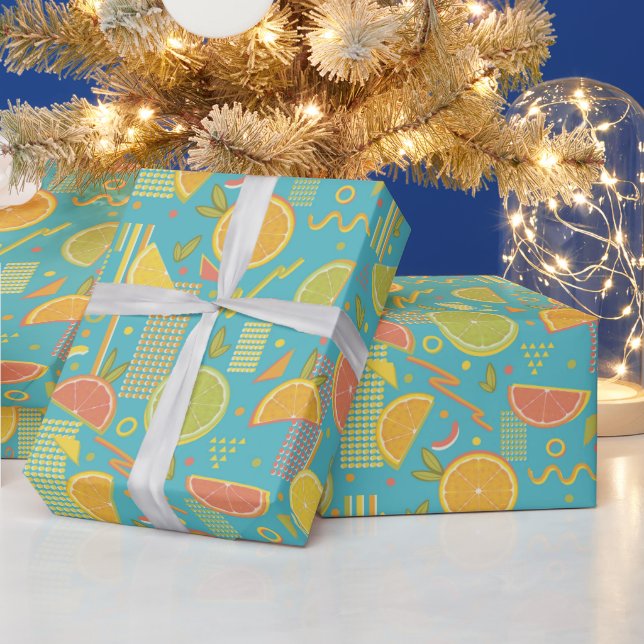 Blue 80's Citrus Fruit Slices Geschenkpapier (Feiertage)