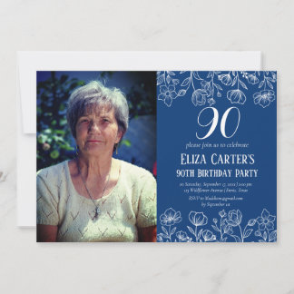 Blue 90. Neunziges Blumengestein Geburtstag Einladung