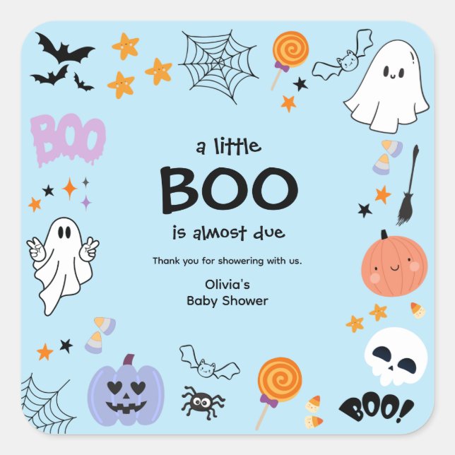 Blue A Little Boo Halloween Baby Dusche Danke Quadratischer Aufkleber (Vorderseite)