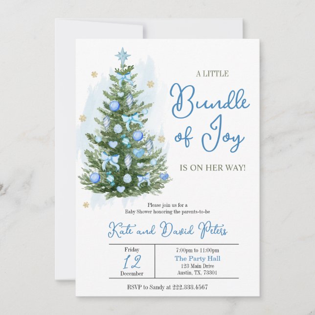 Blue A Little Bundle Joy Christmas Baby Shower Einladung (Vorderseite)